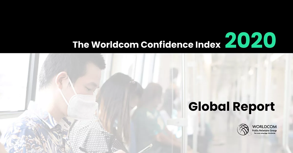 Worldcom Confidence Index 2020 report cover featuring a masked commuter on a train
