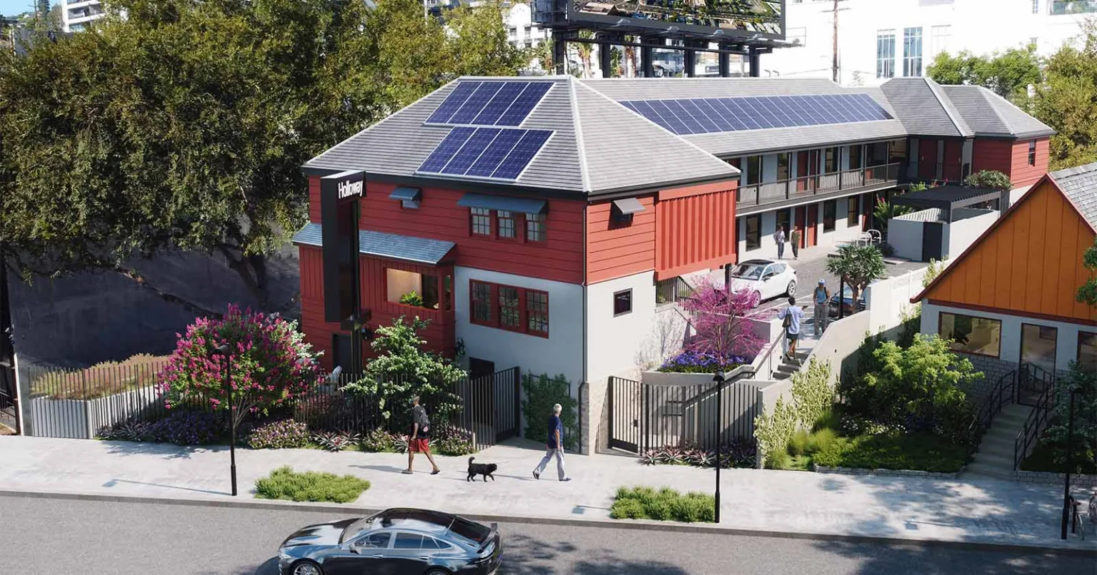Modern red building with solar panels