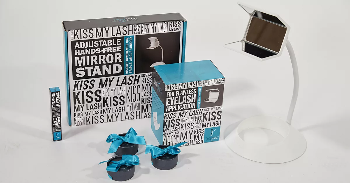 Adjustable hands-free mirror stand with packaging