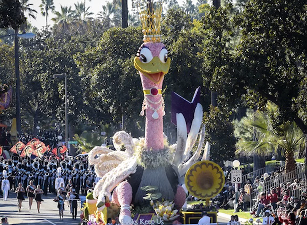 Colorful parade float with giant bird