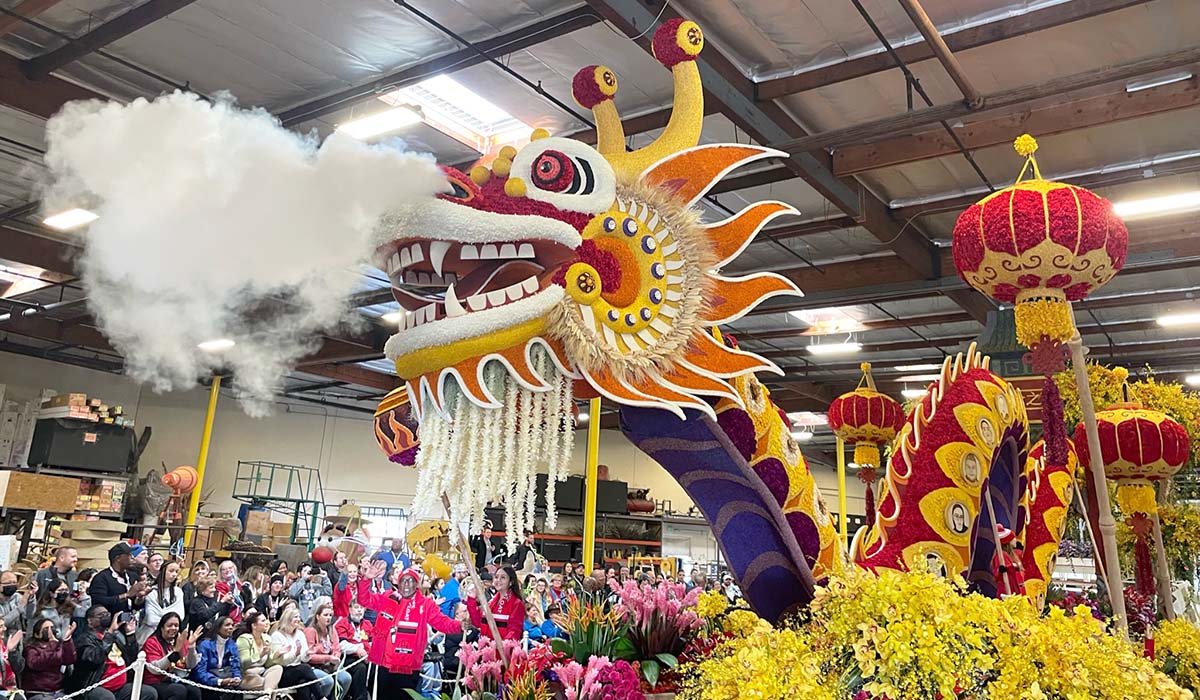Colorful dragon float breathing smoke