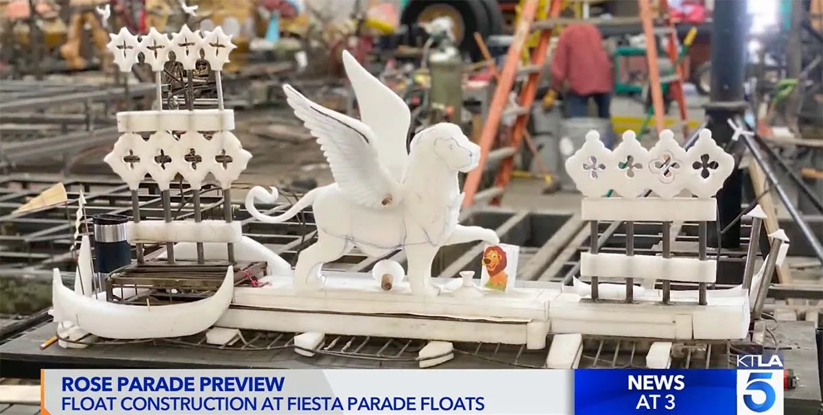 White winged lion float under construction for Rose Parade