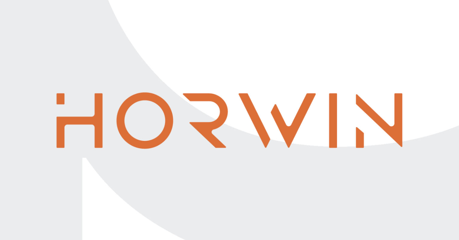 Orange "Horwin" text logo with modern font on a white and light gray abstract background.