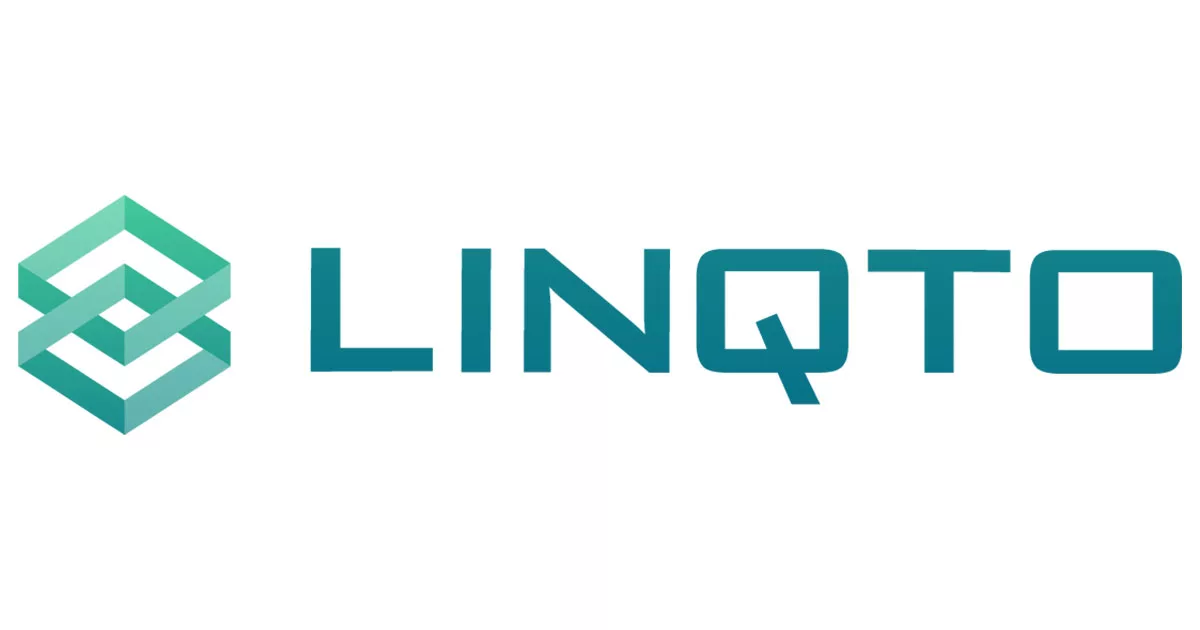 Teal geometric logo with interlocking shapes and text "LINQTO" in bold letters.