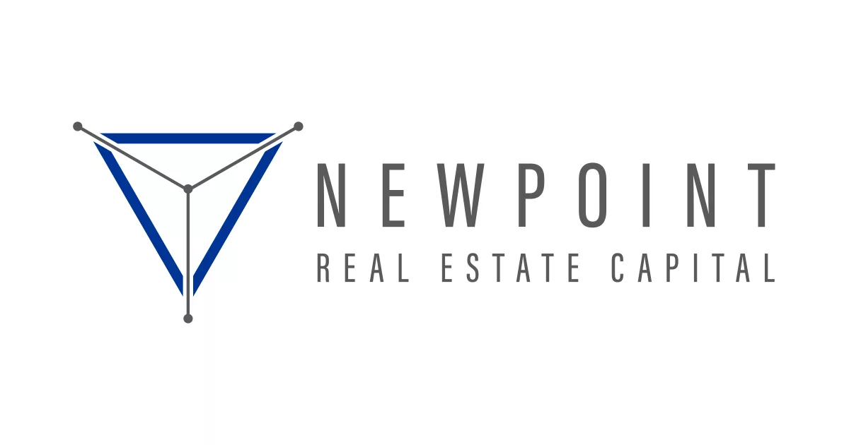 Modern blue and gray triangle logo with text "NewPoint Real Estate Capital."