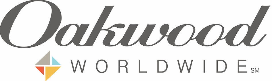 Oakwood Worldwide logo with elegant cursive font and colorful geometric symbol