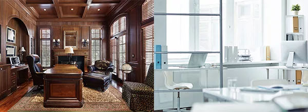 Luxurious wood-paneled office and modern white workspace with large windows