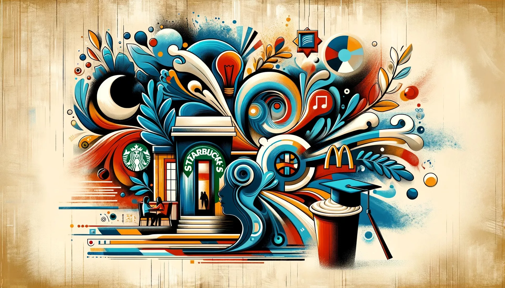 Colorful abstract design with Starbucks and McDonald's logos
