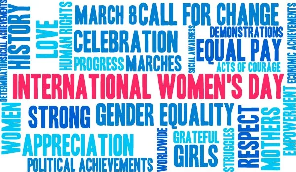 Word cloud celebrating International Women's Day with phrases like gender equality