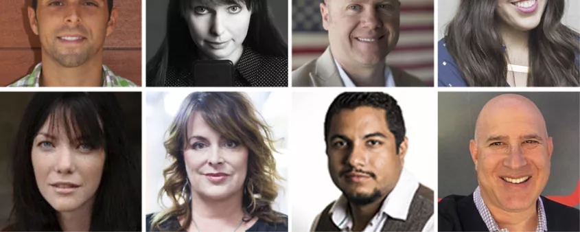 Collage of eight diverse professionals smiling in headshots