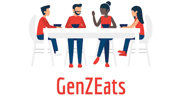 Illustration of four diverse people dining at table with "GenZEats" text below.
