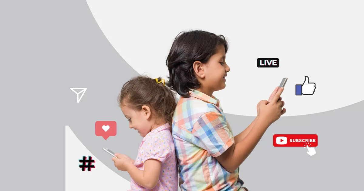 Children using smartphones with social media icons like thumbs-up
