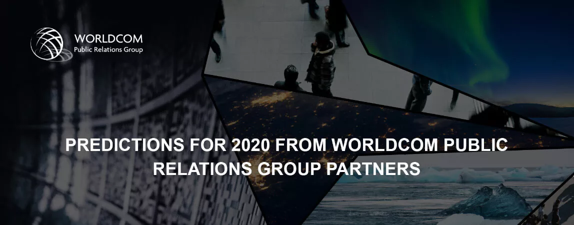 Collage of global cityscapes and landscapes with Worldcom Public Relations Group branding and 2020 predictions message.
