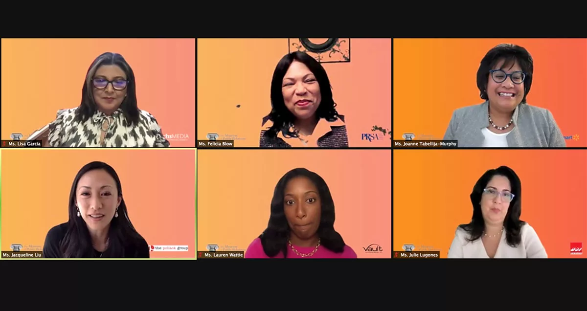 Six diverse individuals on a video conference call with colorful backgrounds representing a virtual meeting setting.