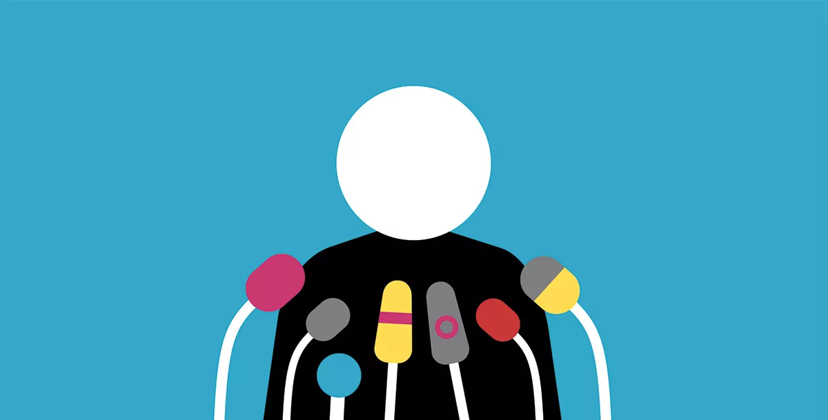 Silhouette with diverse microphones against a blue background