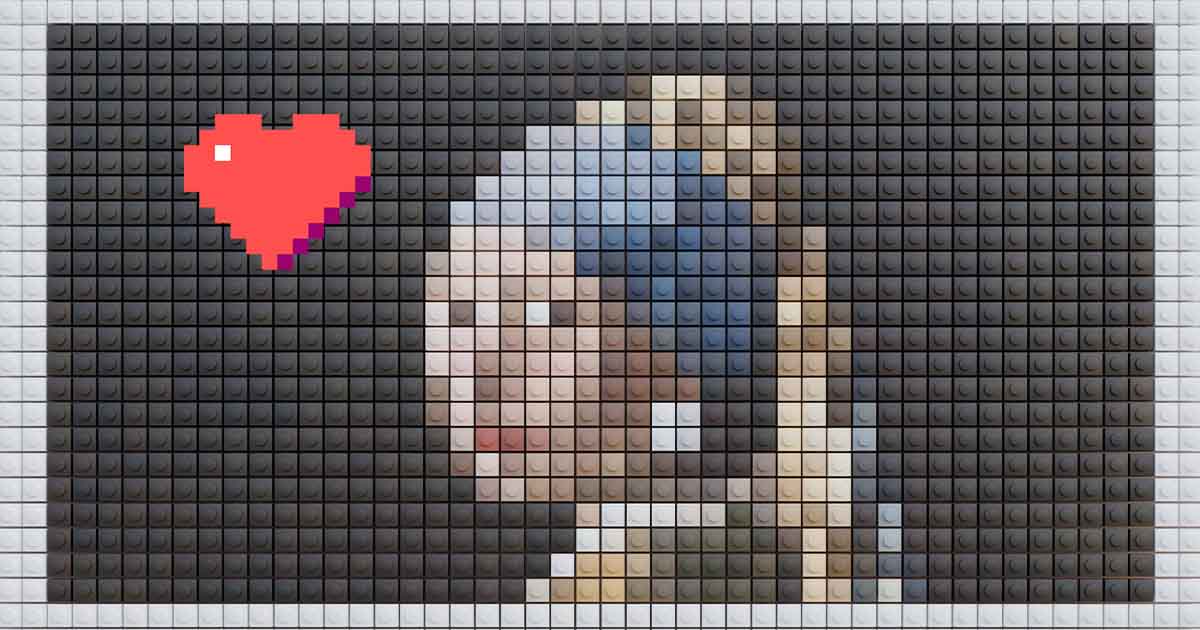 Pixelated art of a girl with a pearl earring in Lego style
