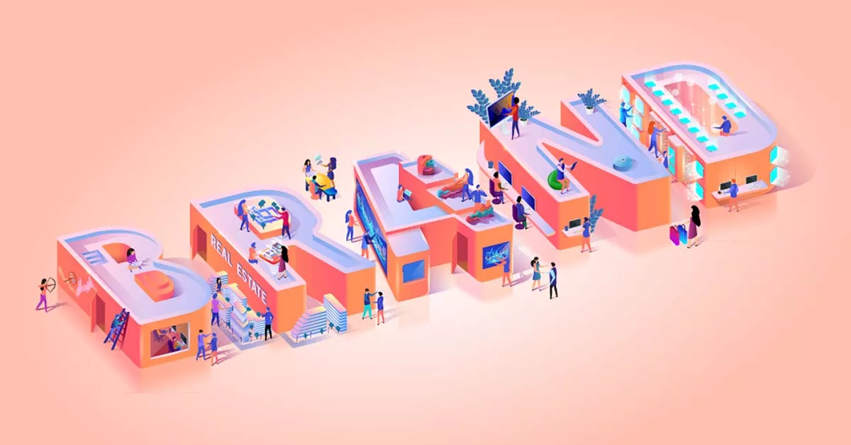 3D letters spelling "BRAND" with small figures in various professional settings on a peach background.