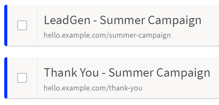 Email links with blue checkboxes for LeadGen and Thank You in a summer campaign.