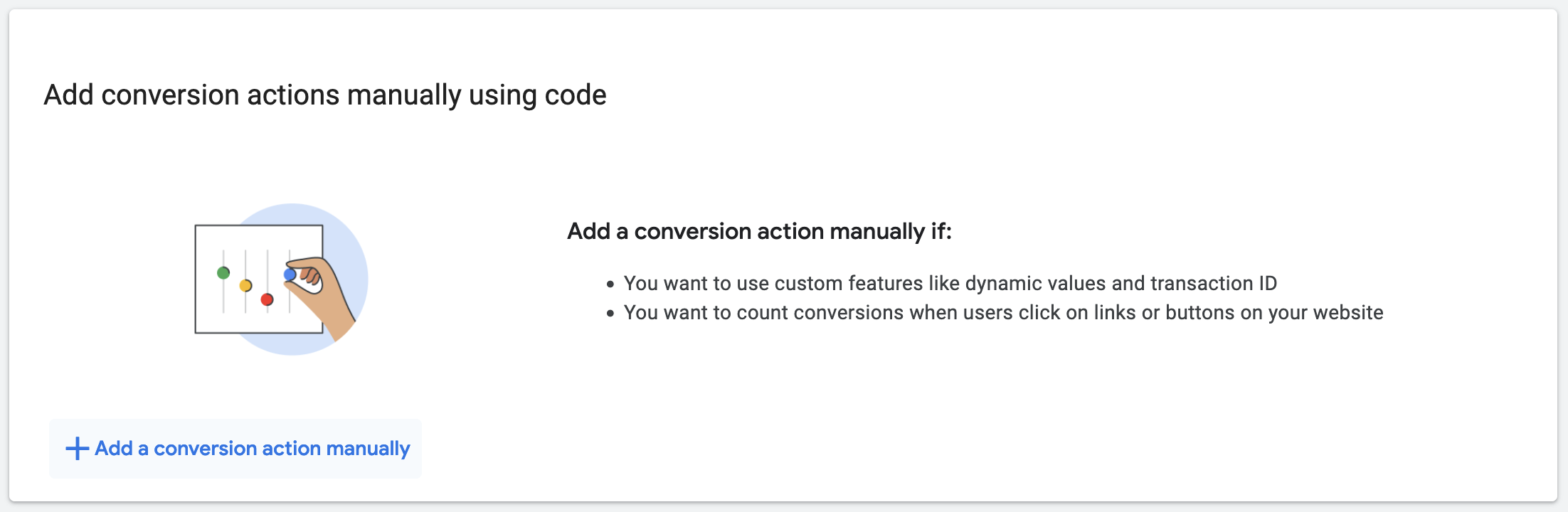 Illustration of hand adjusting sliders for adding conversion actions manually