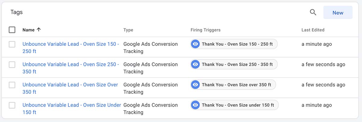 Google Ads conversion tracking tags list with firing triggers for different oven sizes and recent edit timestamps.