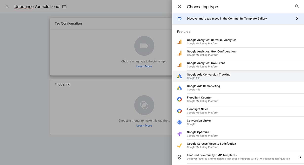 Google Tag Manager interface showing tag type options like Google Analytics and Ads Conversion Tracking.