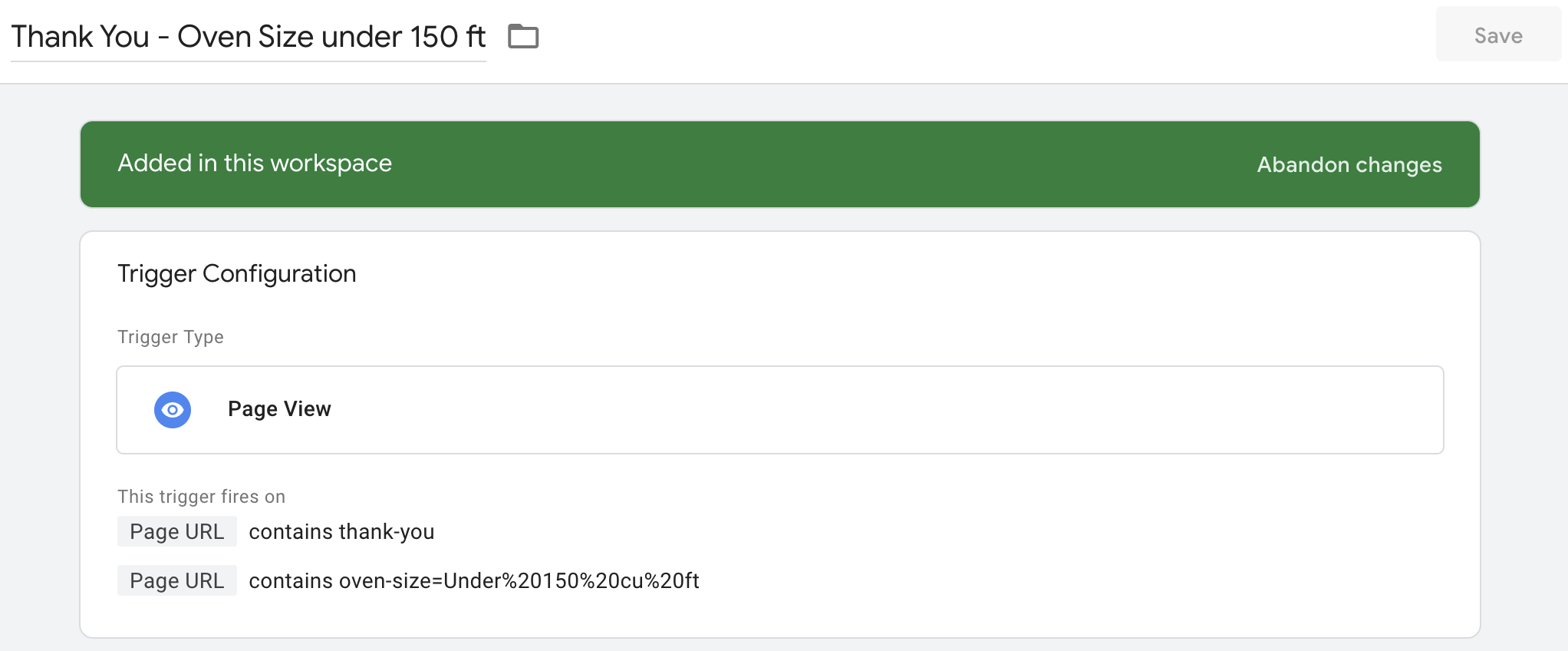 Trigger configuration interface showing settings for page view