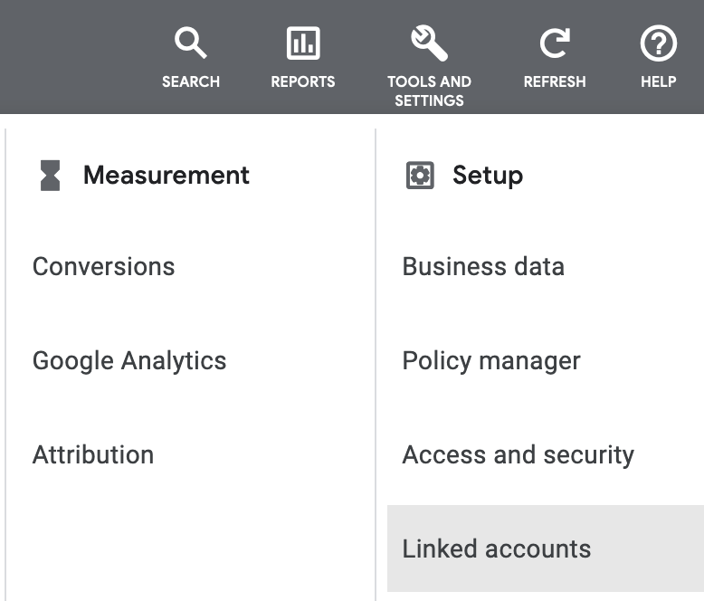 Google Ads interface showing menu options for Measurement and Setup