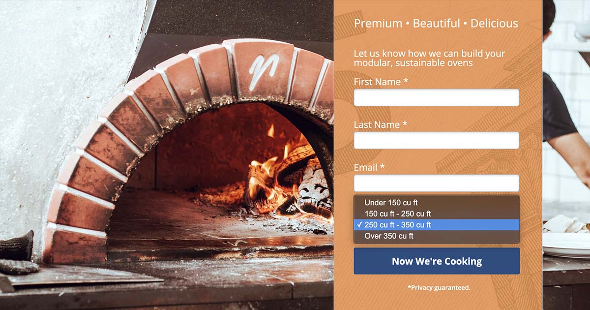 Brick pizza oven with wood-burning fire