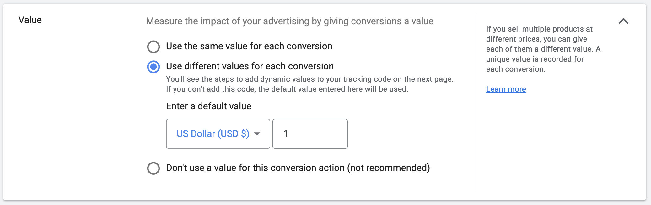 Google Ads conversion value settings showing options for assigning fixed or variable monetary values.
