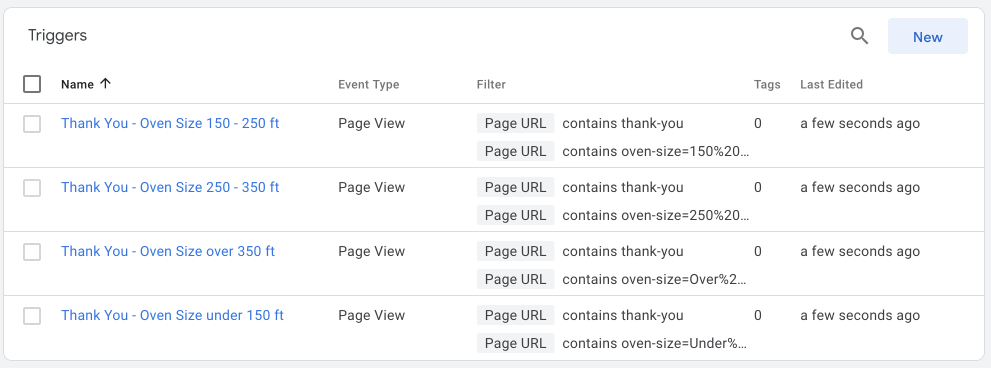 Google Tag Manager triggers list showing page views for various oven size categories.
