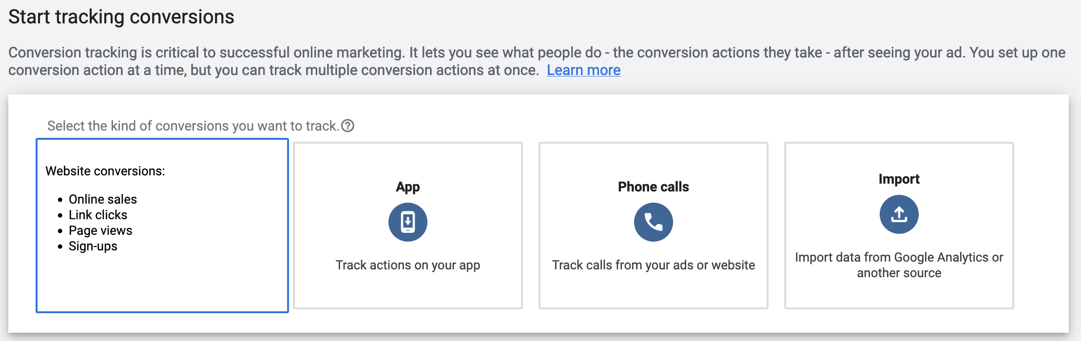 Conversion tracking setup options for website