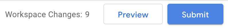 Google Tag Manager interface showing submit and preview buttons for workspace changes.
