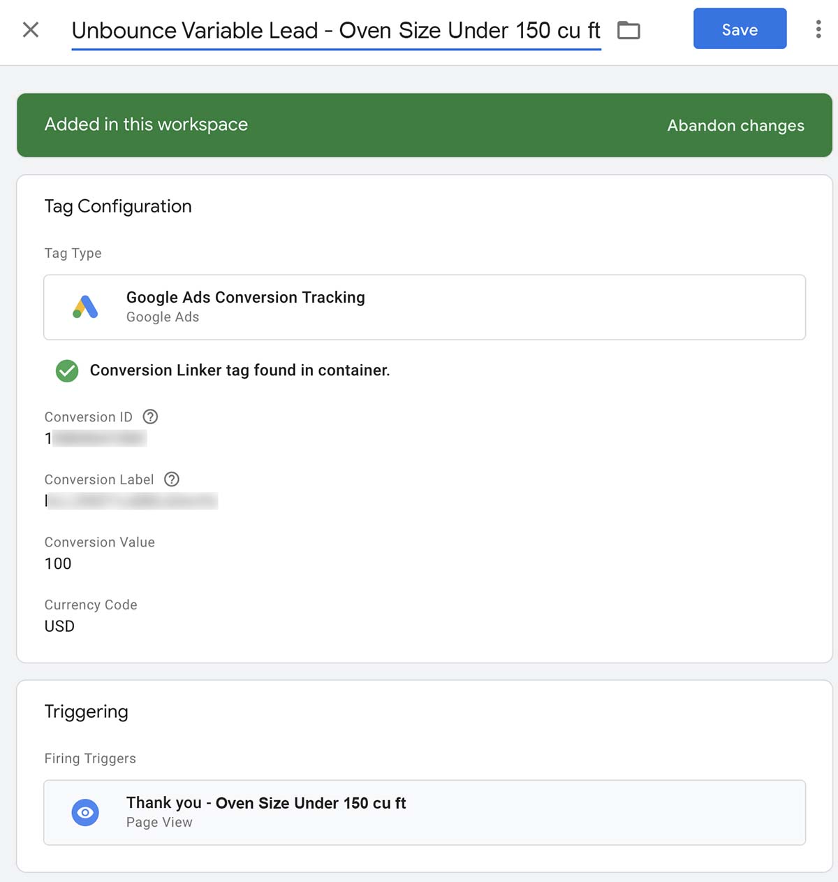 Google Ads conversion tracking setup showing tag configuration for oven size under 150 cu ft.