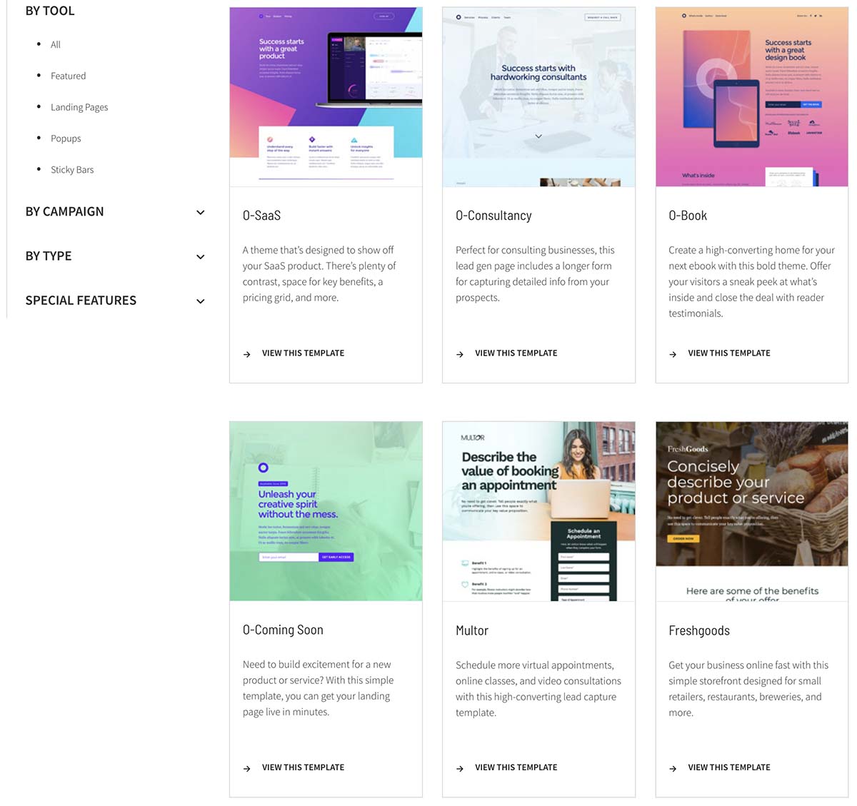 Grid of website templates including O-SaaS, O-Consultancy, and O-Book