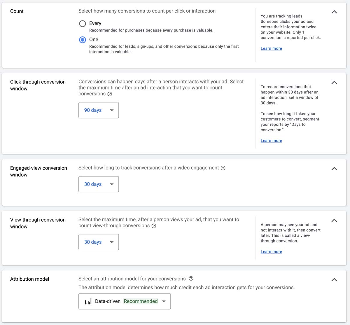 Google Ads settings page showing conversion count