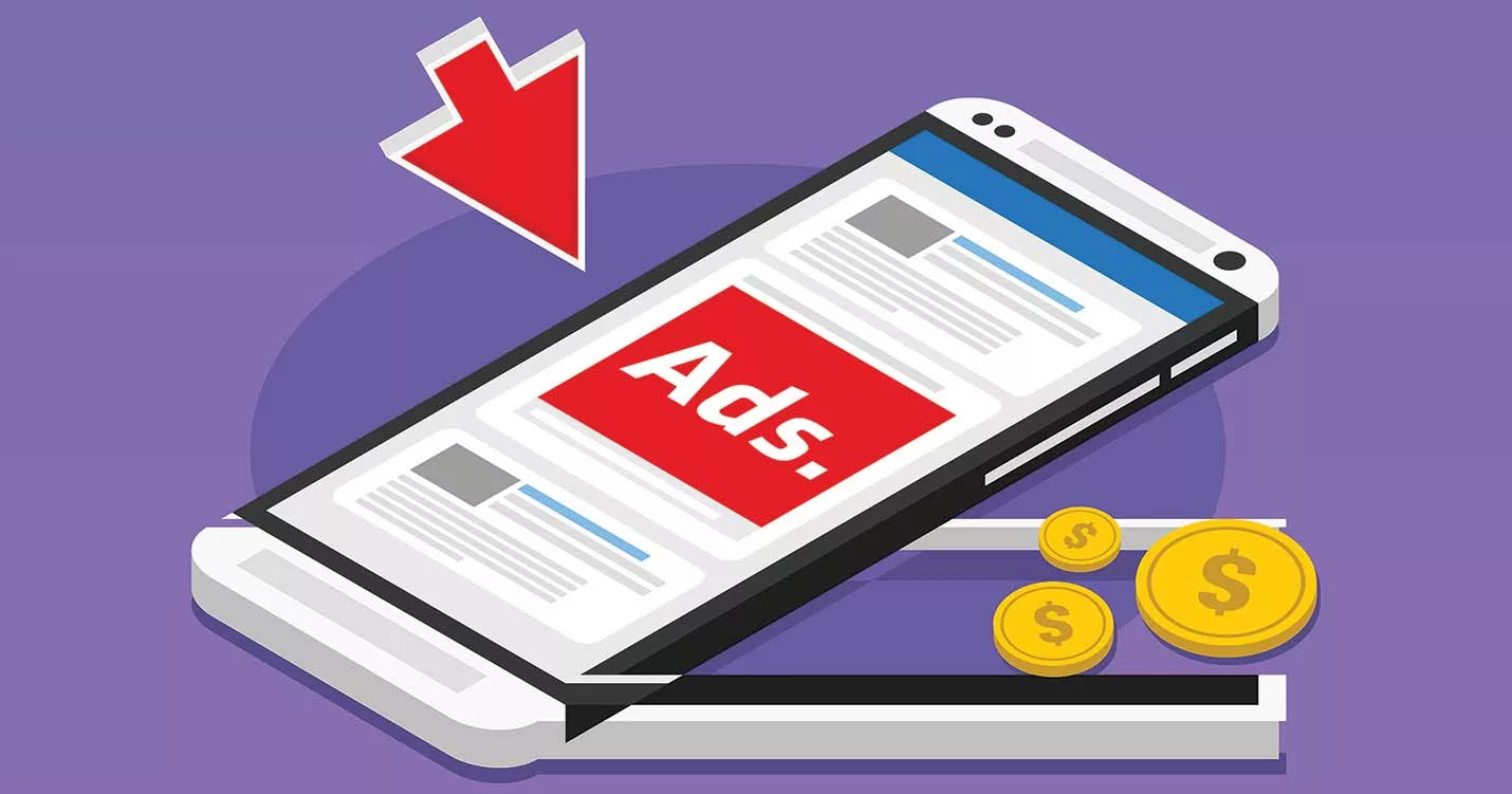 Smartphone displaying online ads with prominent red arrow and gold coins on purple background.
