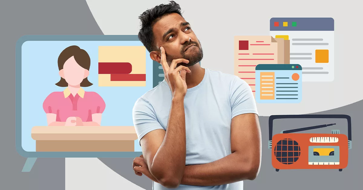 Man pondering ideas with a TV screen