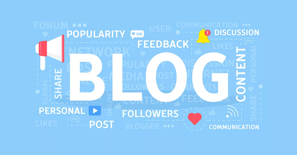 Blog text surrounded by social media icons like a megaphone