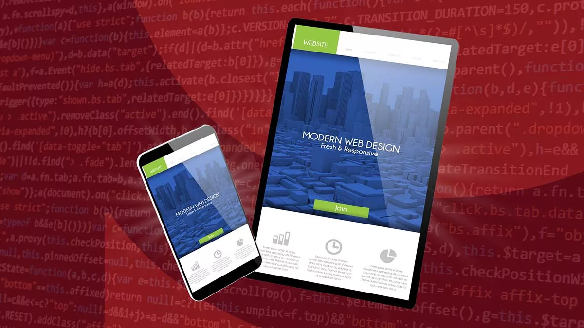 Responsive web design on tablet and smartphone over red code background