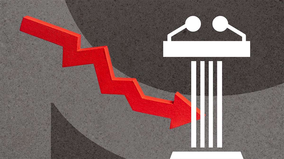 Red downward arrow crosses a podium with microphones