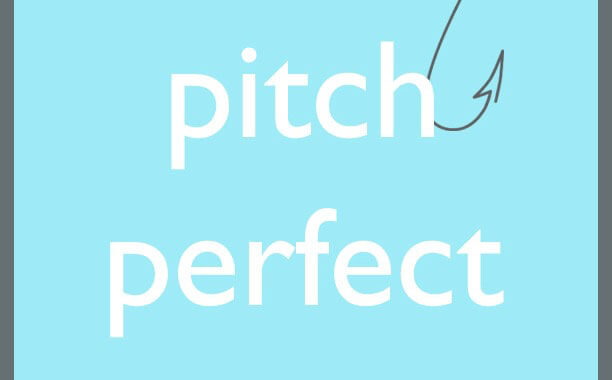 "Pitch Perfect text on light blue background with a minimalist hook graphic."