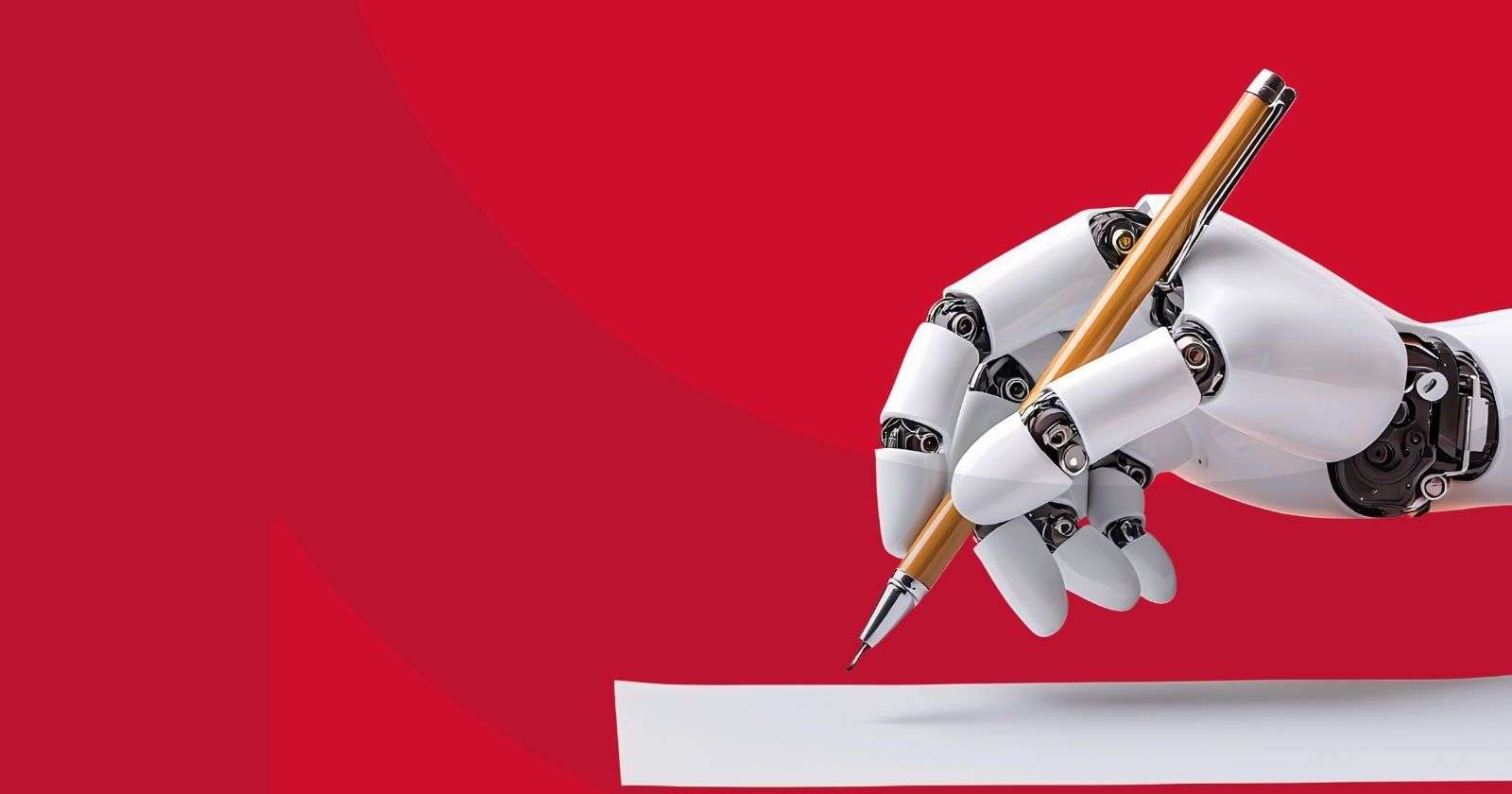 Robotic hand holding pen preparing to write on a piece of paper in front of a red background