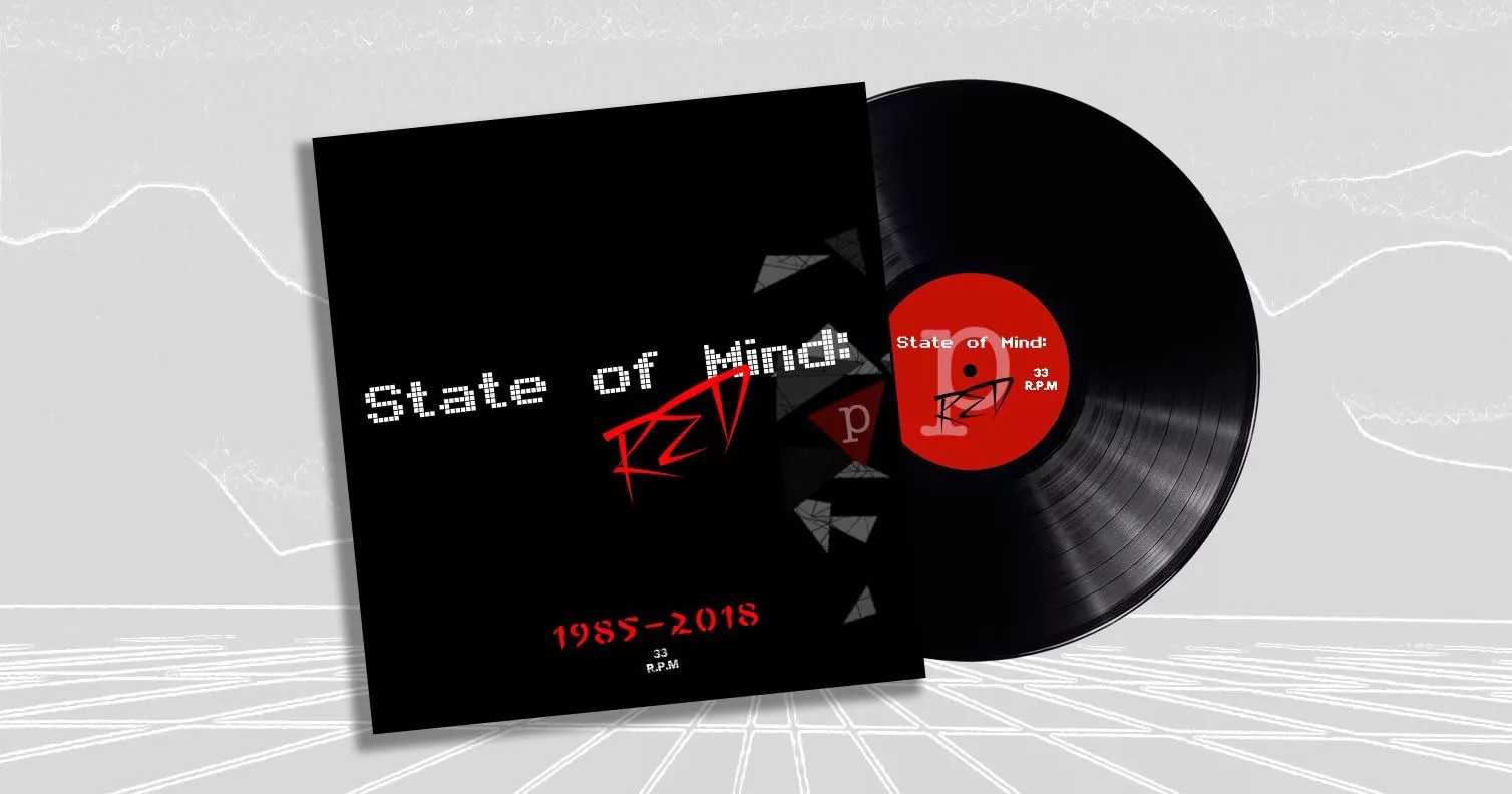 Vinyl record beside its cover reading "State of Mind Red 1985-2018" with geometric patterns