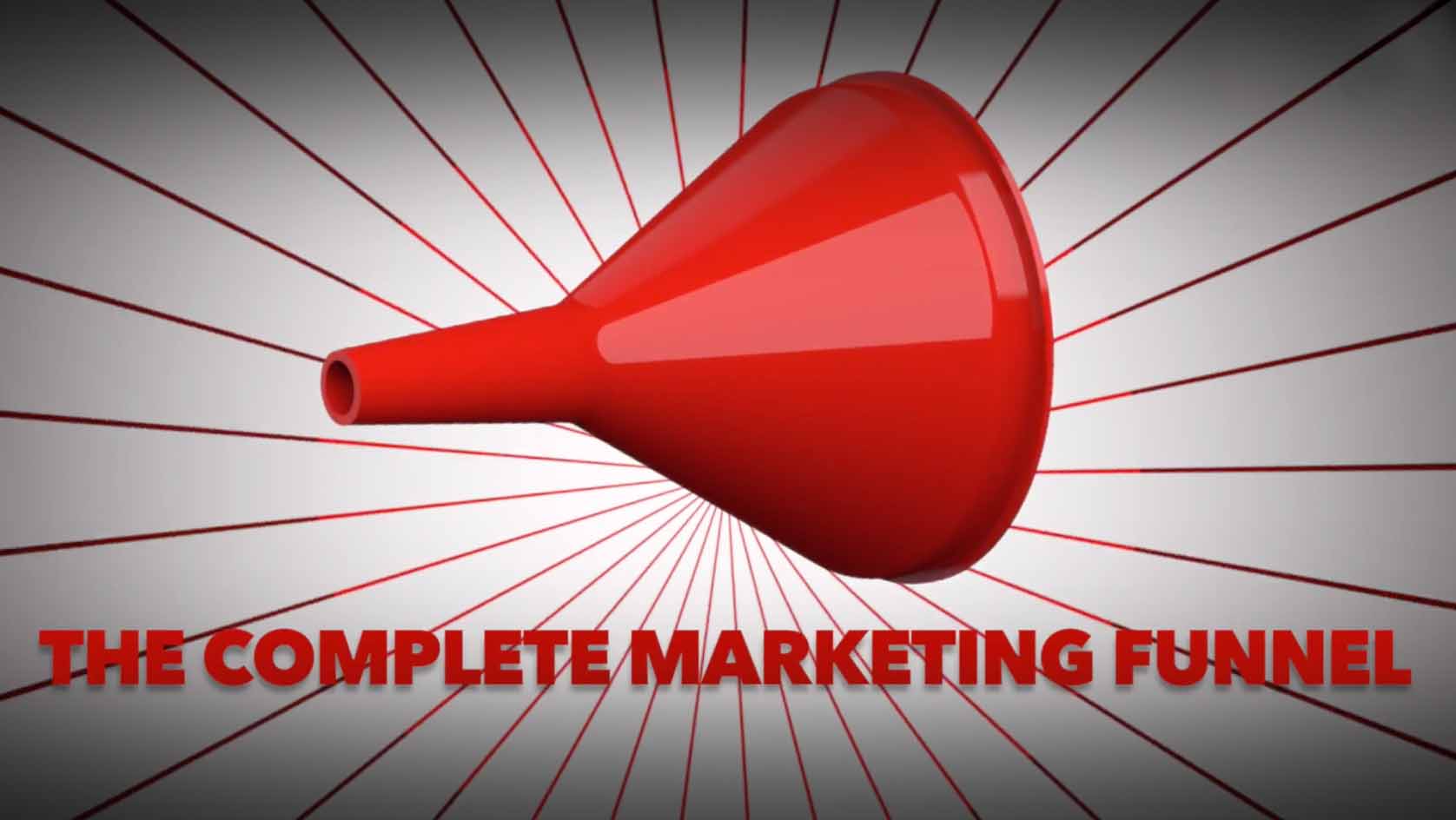 Red funnel with linear rays and text "The Complete Marketing Funnel" on a gray background.