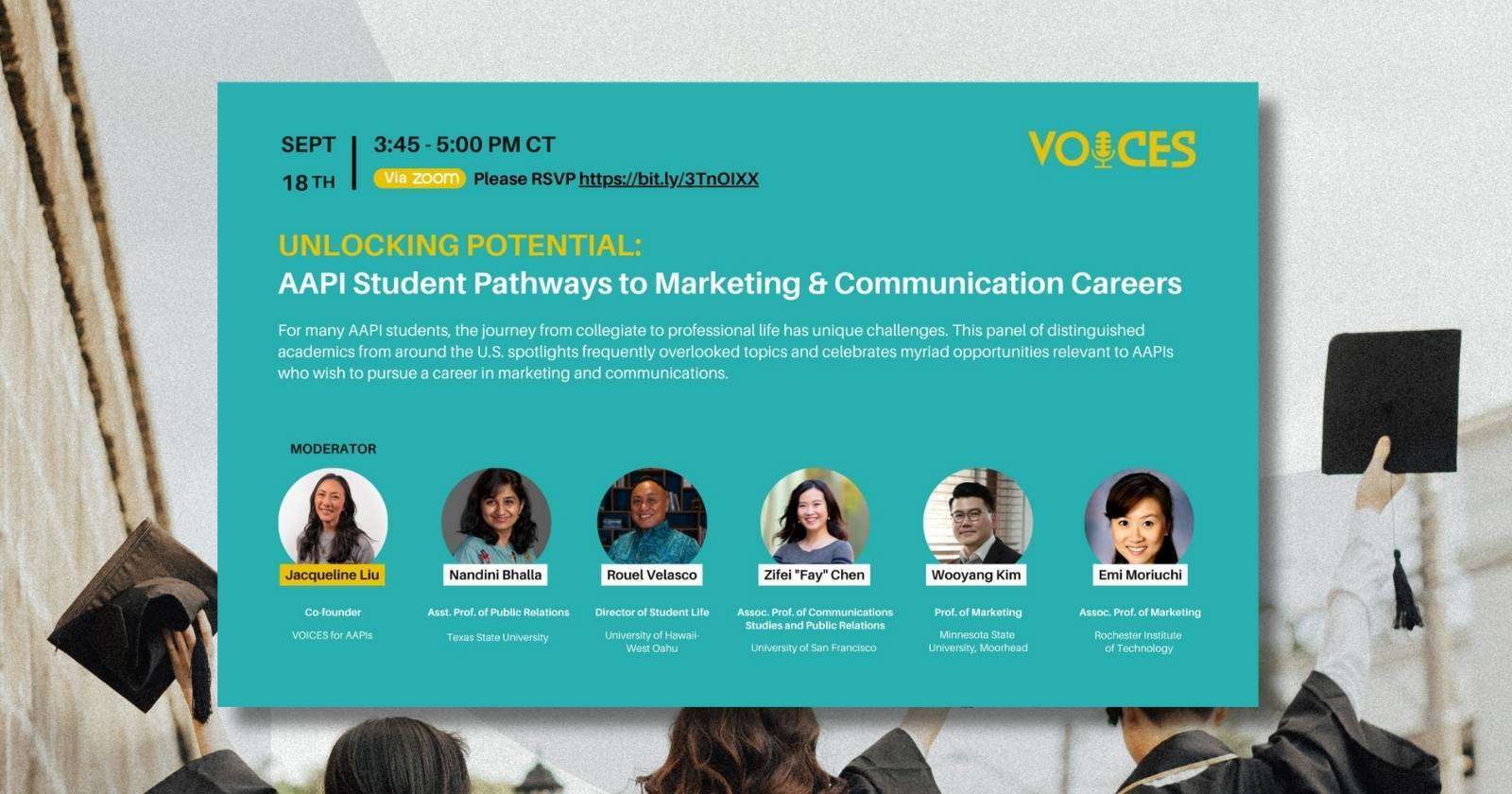 Webinar panel on AAPI pathways to marketing careers; includes six expert speakers with a graduation background theme.