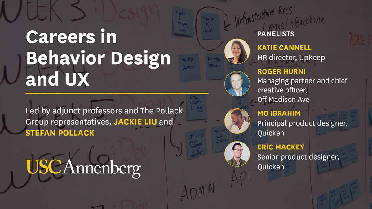Careers in Behavior Design and UX panel with keywords sticky notes and expert headshots.