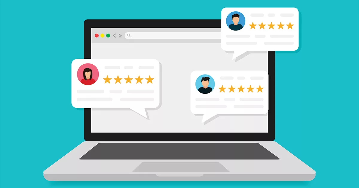 Illustration of a laptop displaying user reviews with five-star ratings and profile icons on a turquoise background.