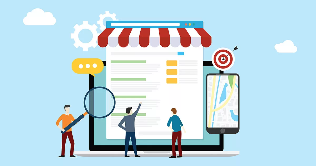 Digital marketing illustration with laptop