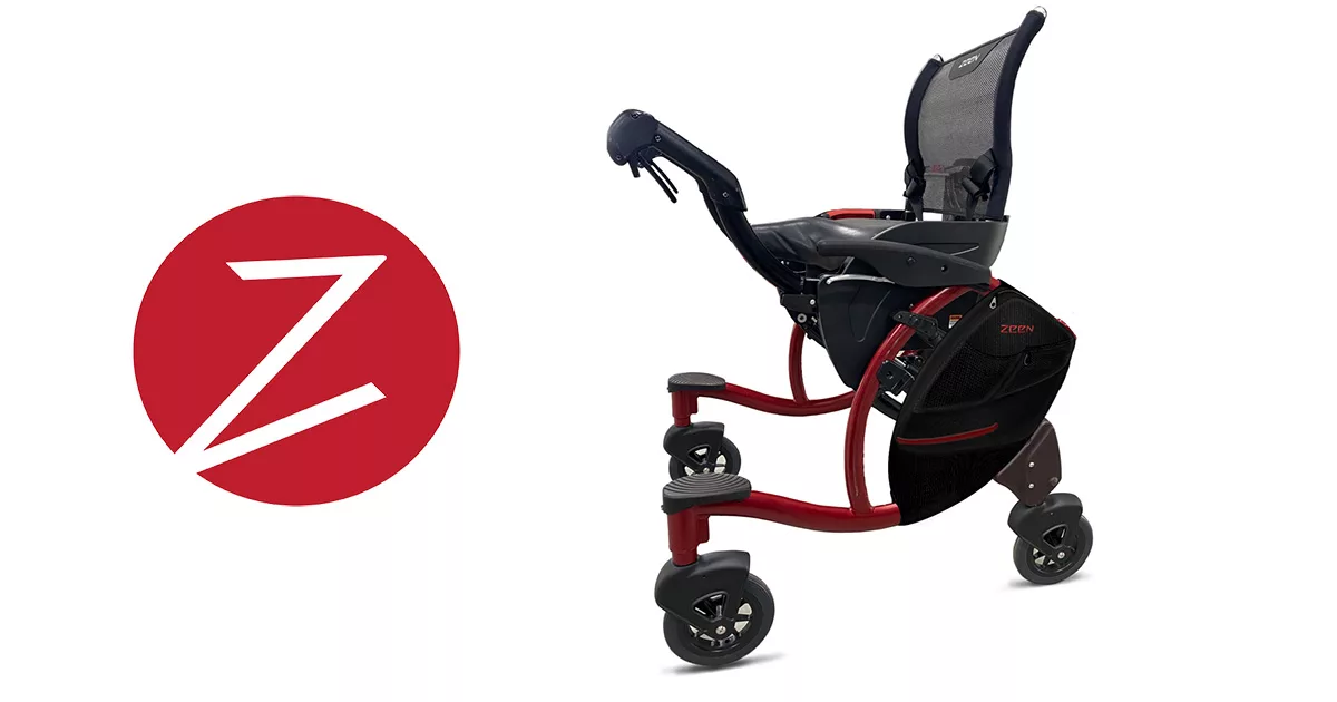 Innovative red mobility scooter with ergonomic design next to Z logo on white background.
