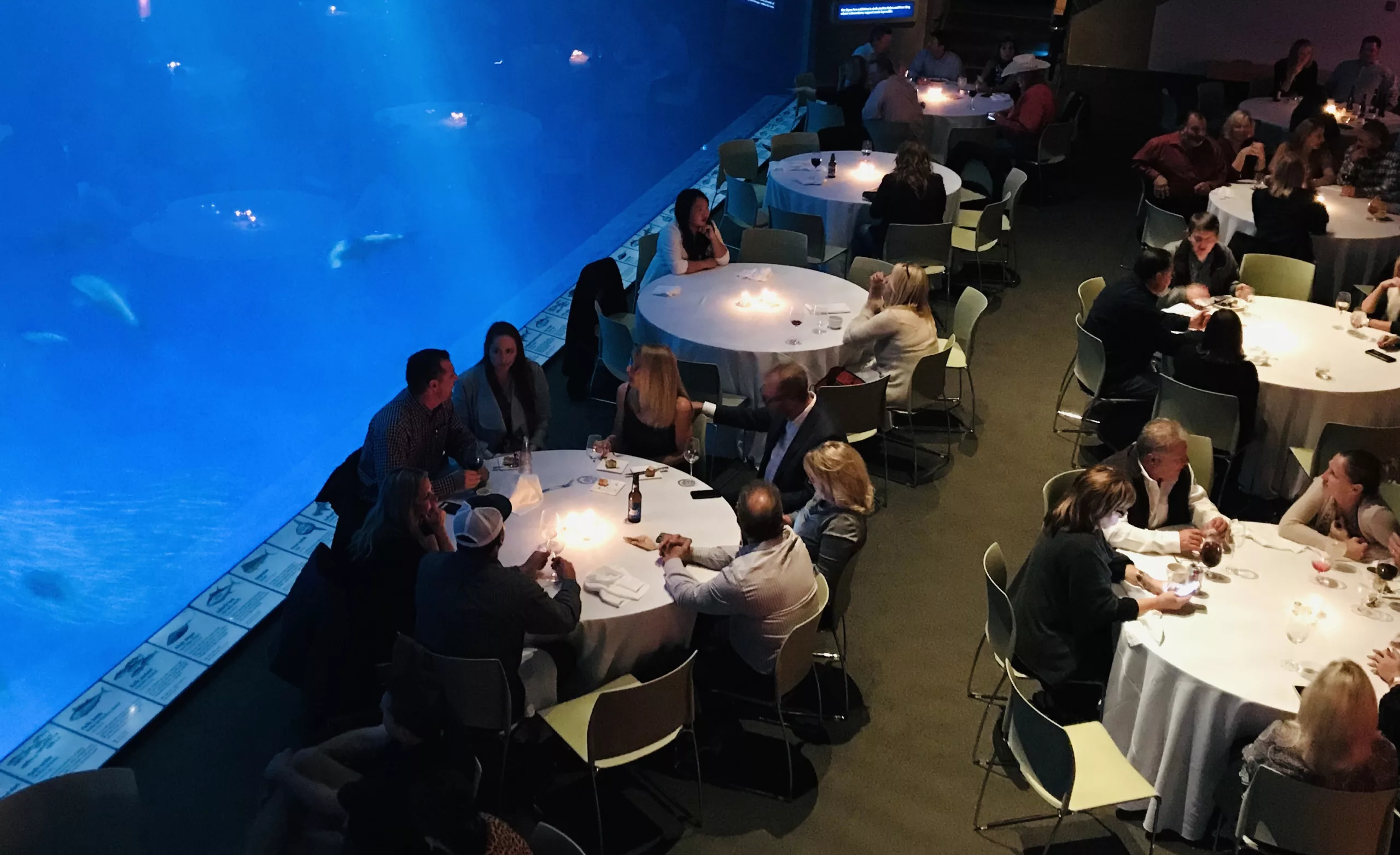 People dining at candlelit tables in an aquarium restaurant with large blue tank view.